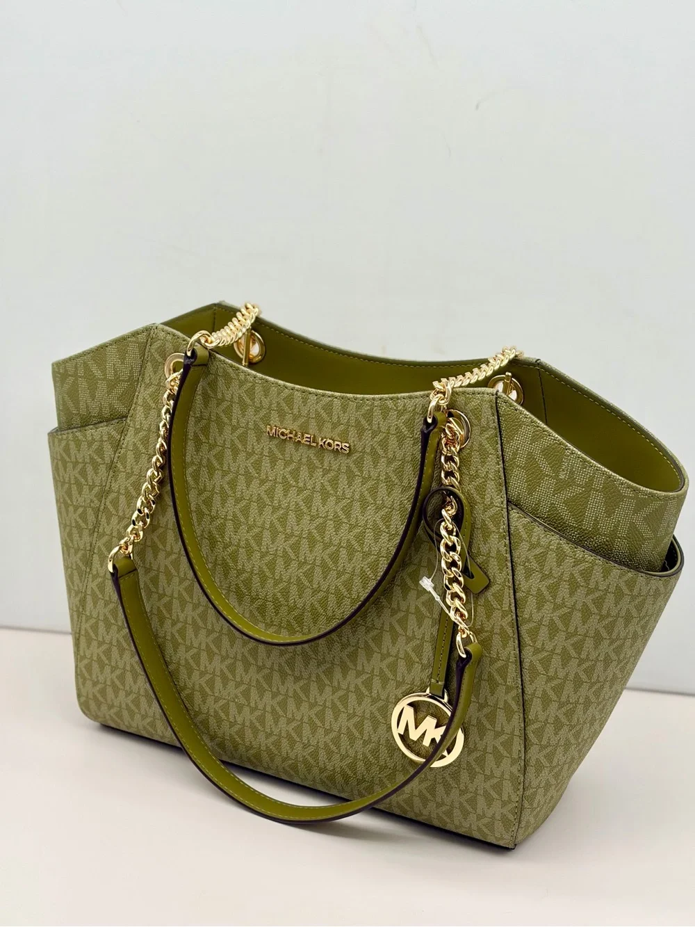Michael Kors Olive Green MK Signature Chain Tote Shoulder Bag with Wallet Set